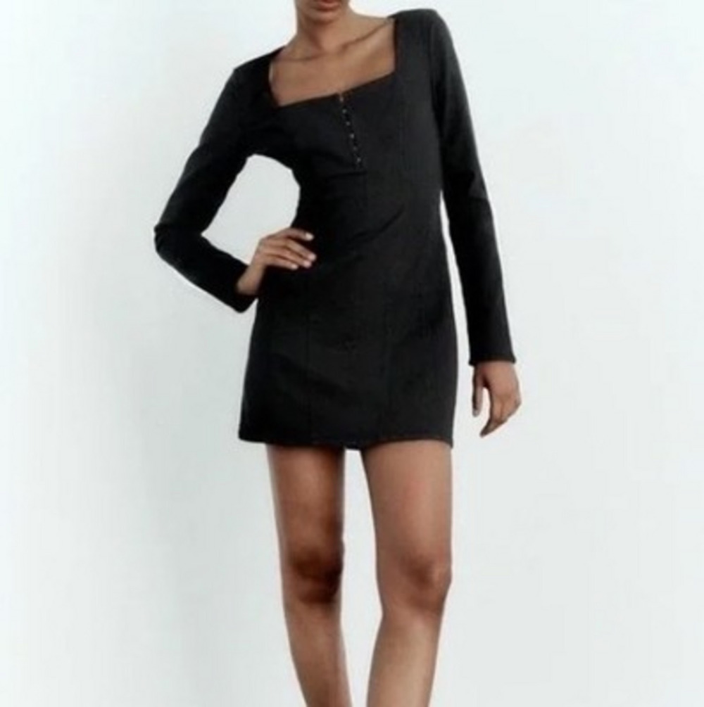 Zara Denim Mini‎ Dress XS New Black Square Neck Long Sleeve Fairy Goth Punk Rock